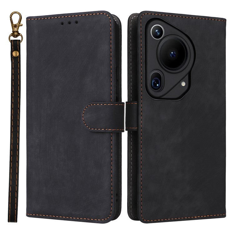 For Huawei Pura 70 Ultra Case with Hand Strap RFID Blocking Wallet Leather Cover - Black