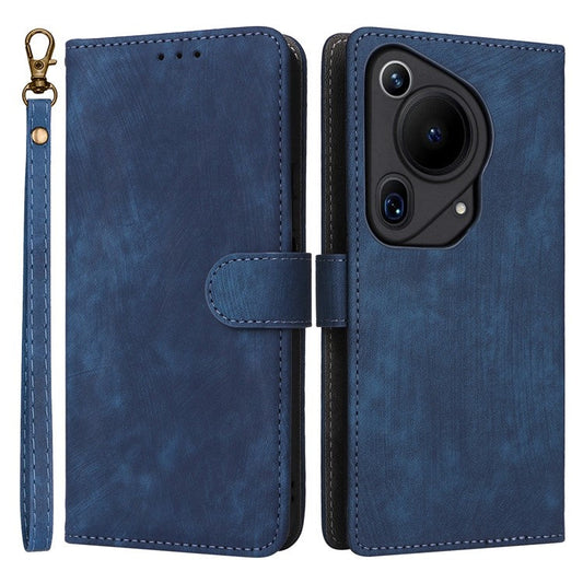For Huawei Pura 70 Ultra Case with Hand Strap RFID Blocking Wallet Leather Cover - Blue