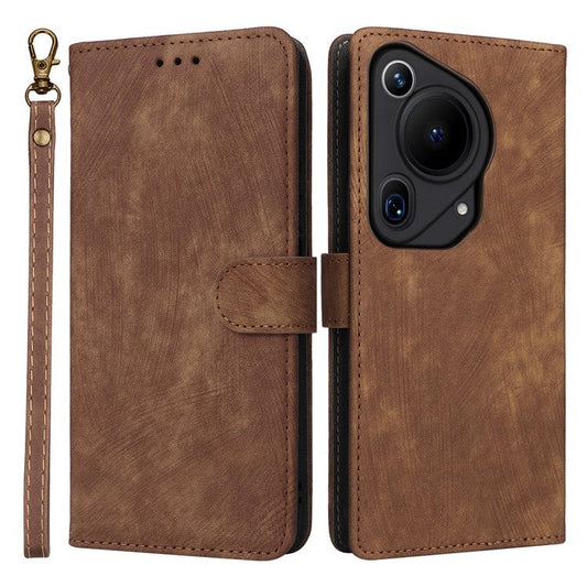 For Huawei Pura 70 Ultra Case with Hand Strap RFID Blocking Wallet Leather Cover - Brown