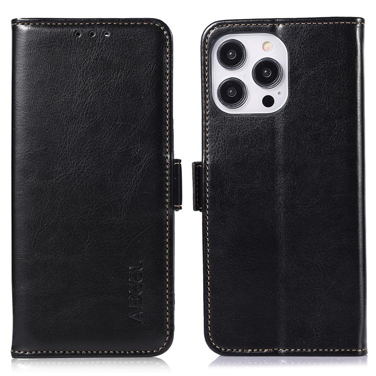 ABEEL For iPhone 16 Pro Case Wallet PU Leather Crazy Horse Texture Phone Cover - Black