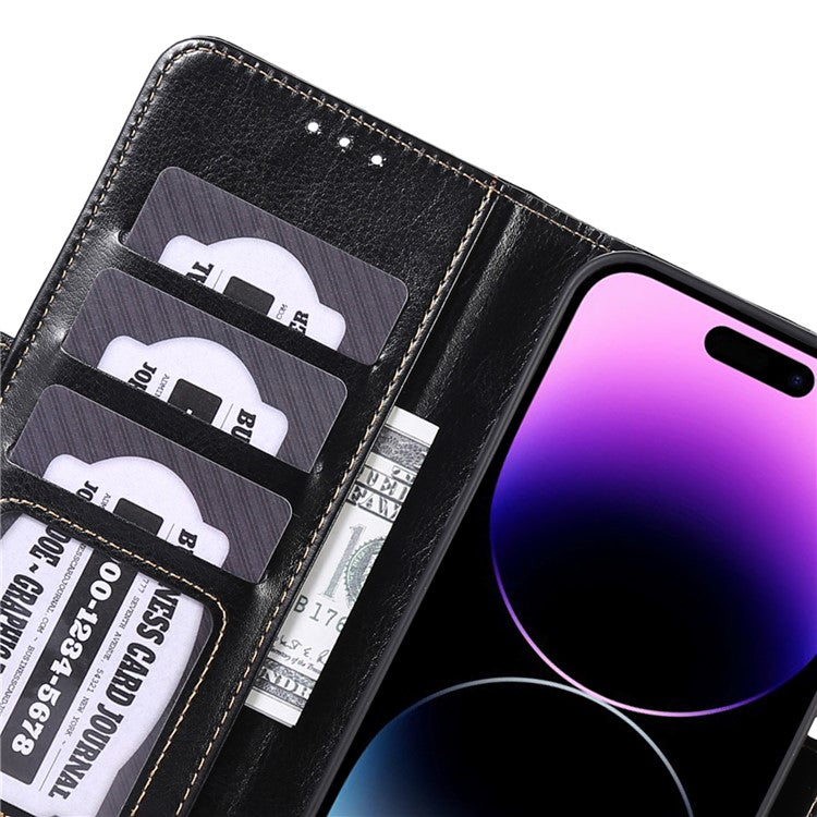 ABEEL For iPhone 16 Pro Case Wallet PU Leather Crazy Horse Texture Phone Cover - Black