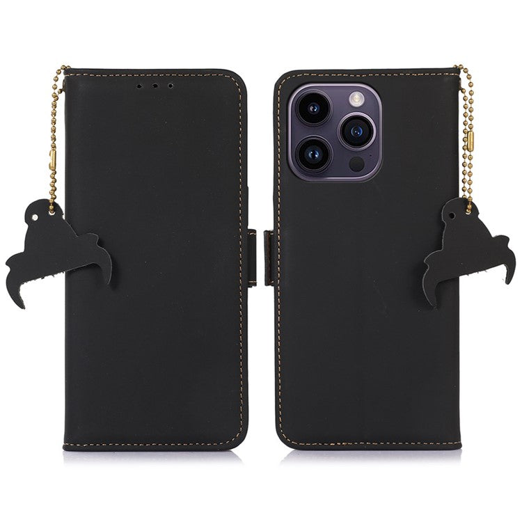 For iPhone 16 Pro Case RFID Blocking Genuine Cow Leather Wallet Phone Cover - Black