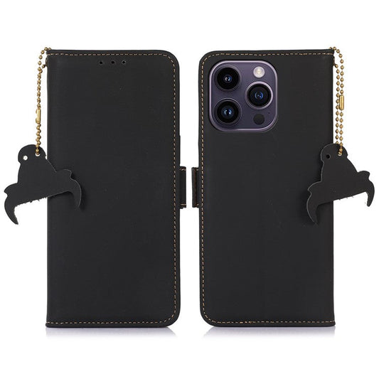 For iPhone 16 Pro Case RFID Blocking Genuine Cow Leather Wallet Phone Cover - Black