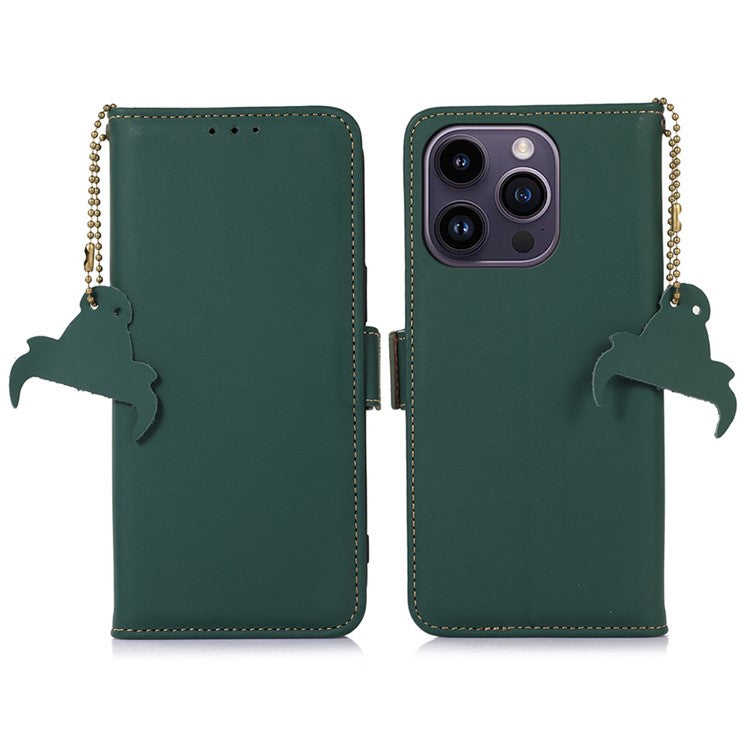 For iPhone 16 Pro Case RFID Blocking Genuine Cow Leather Wallet Phone Cover - Green