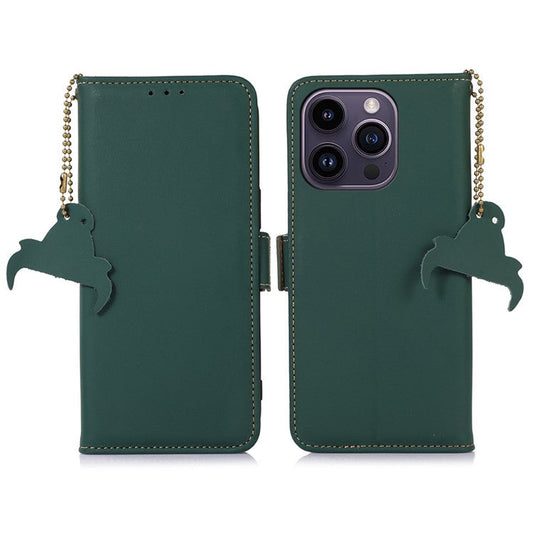 For iPhone 16 Pro Case RFID Blocking Genuine Cow Leather Wallet Phone Cover - Green