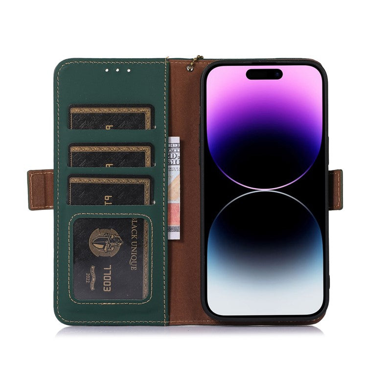 For iPhone 16 Pro Case RFID Blocking Genuine Cow Leather Wallet Phone Cover - Green