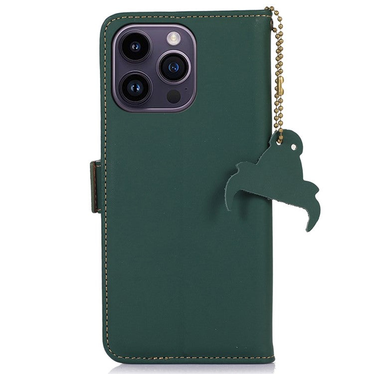 For iPhone 16 Pro Case RFID Blocking Genuine Cow Leather Wallet Phone Cover - Green