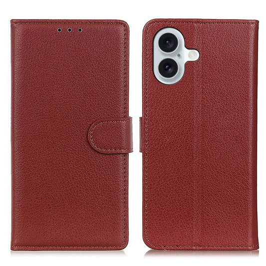 For iPhone 16 Plus Leather Case Wallet Card Slots Litchi Texture Flip Phone Cover - Brown