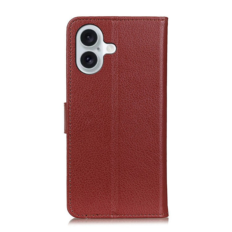 For iPhone 16 Plus Leather Case Wallet Card Slots Litchi Texture Flip Phone Cover - Brown