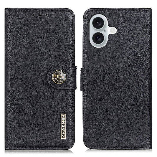 KHAZNEH For iPhone 16 Case Cowhide Texture Leather Phone Cover - Black