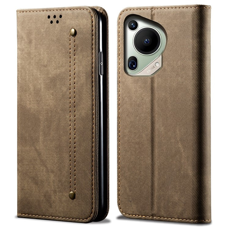 For Huawei Pura 70 Ultra Case Jeans Cloth Texture Flip Leather Phone Cover - Khaki