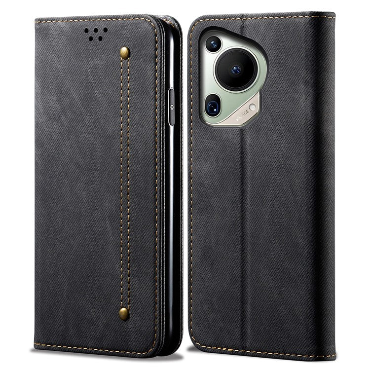 For Huawei Pura 70 Ultra Case Jeans Cloth Texture Flip Leather Phone Cover - Black