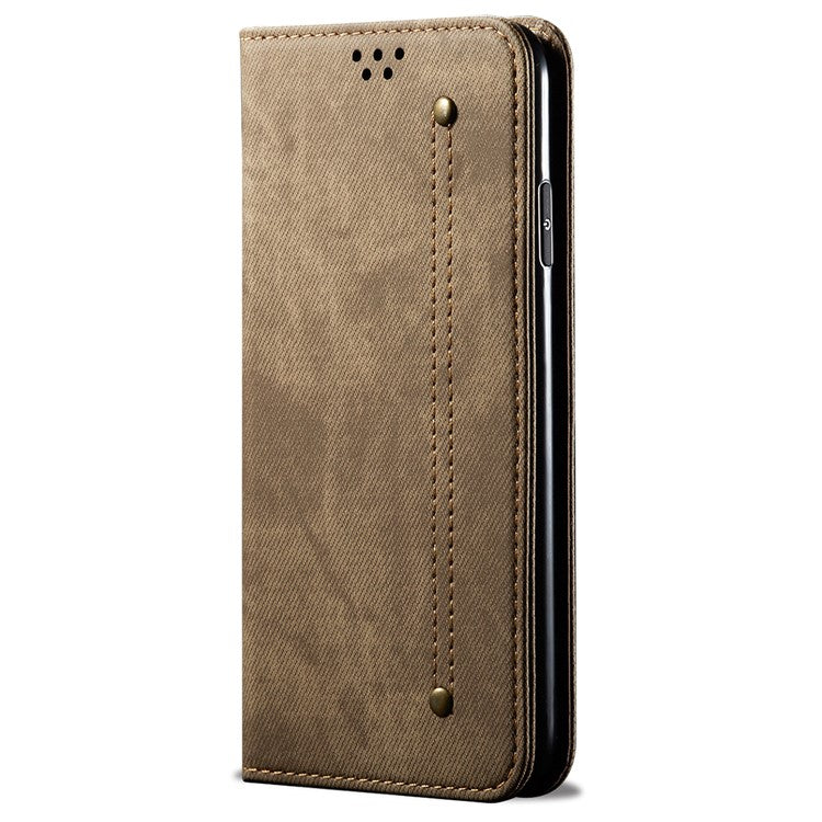 For Huawei Pura 70 Case Leather Wallet Phone Cover Jeans Cloth Texture - Khaki