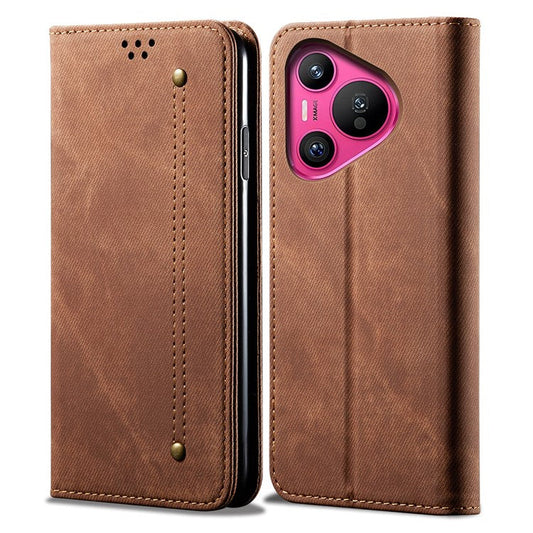 For Huawei Pura 70 Case Leather Wallet Phone Cover Jeans Cloth Texture - Coffee