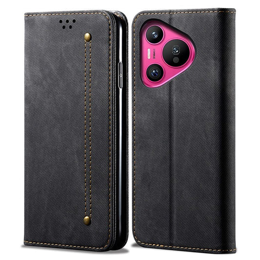 For Huawei Pura 70 Case Leather Wallet Phone Cover Jeans Cloth Texture - Black