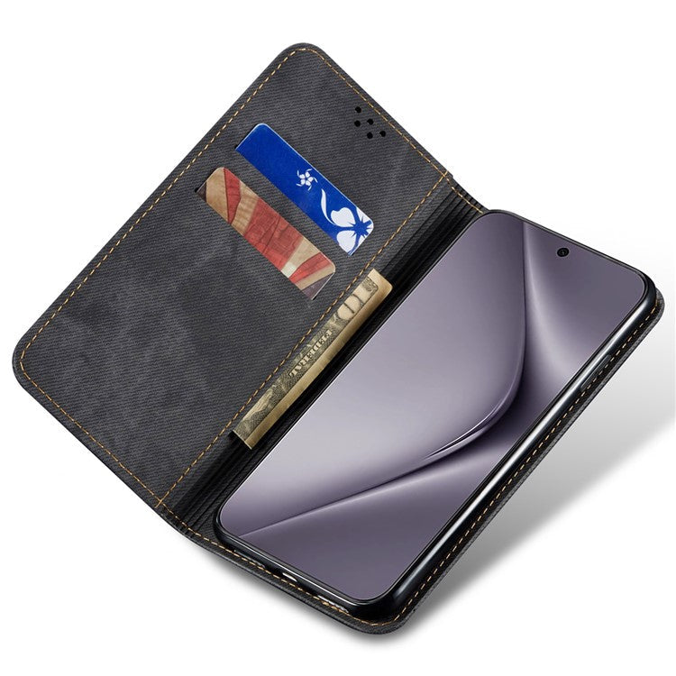 For Huawei Pura 70 Case Leather Wallet Phone Cover Jeans Cloth Texture - Black