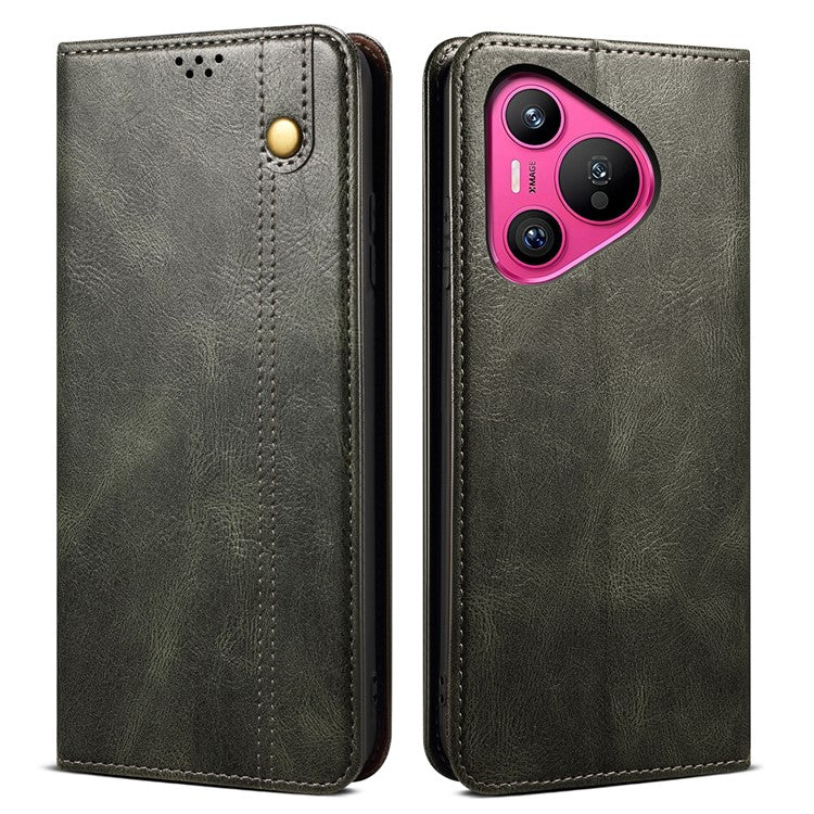 For Huawei Pura 70 Wallet Case Waxy Crazy Horse Texture Leather Stand Pphone Cover - Green