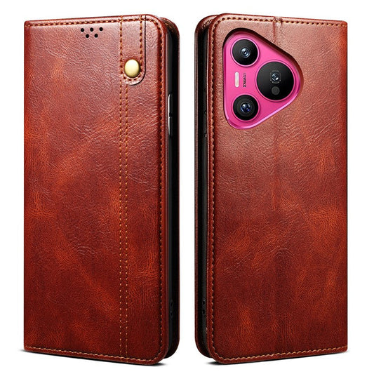 For Huawei Pura 70 Wallet Case Waxy Crazy Horse Texture Leather Stand Phone Cover - Brown