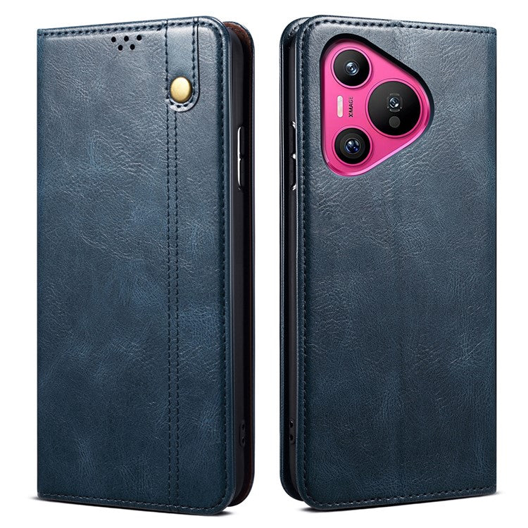 For Huawei Pura 70 Wallet Case Waxy Crazy Horse Texture Leather Stand Phone Cover - Blue