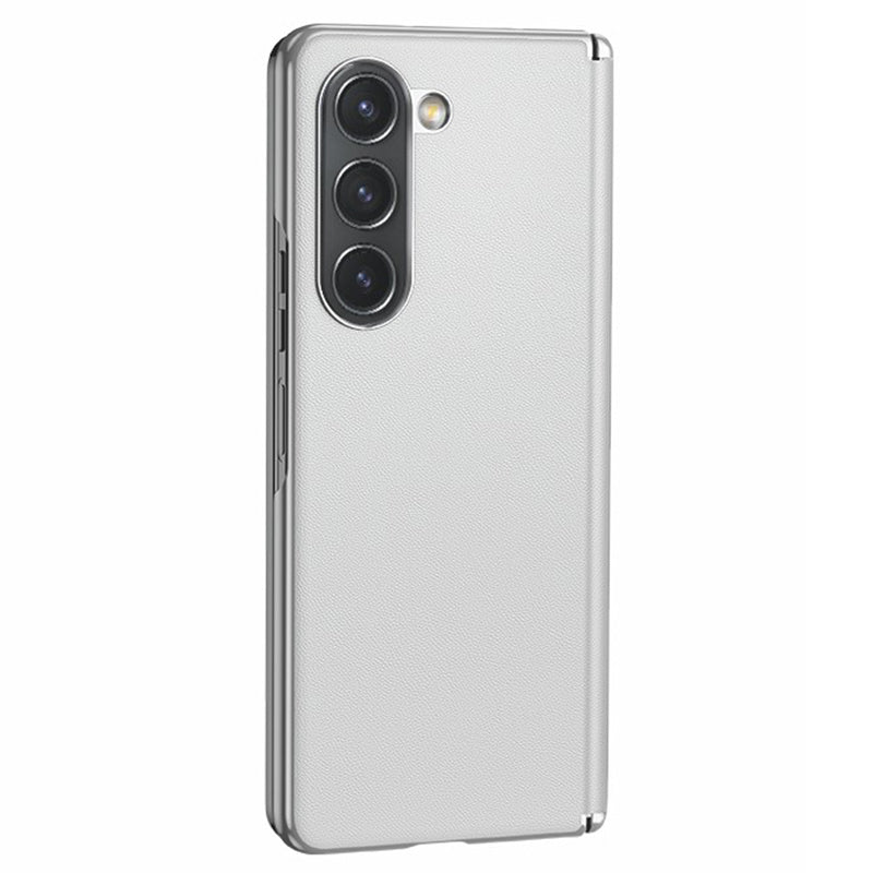 For Samsung Galaxy Z Fold6 5G Case Electroplating PU Leather+PC Phone Cover with Hinge Protection - Beige
