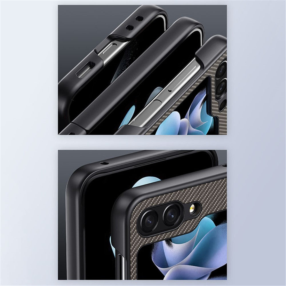 For Samsung Galaxy Z Flip7 FE 5G / Z Flip6 5G Case PU Leather + PC Carbon Fiber Texture Phone Cover - Carbon Fiber / Gold