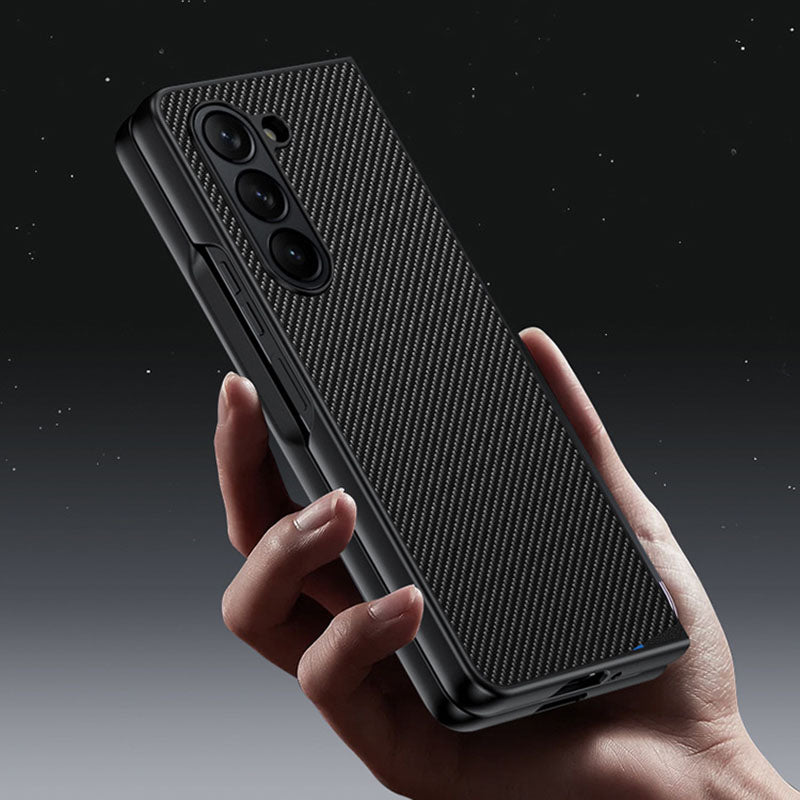 For Samsung Galaxy Z Fold6 5G Case Carbon Fiber Texture PU + PC Phone Cover - Splicing Yellow