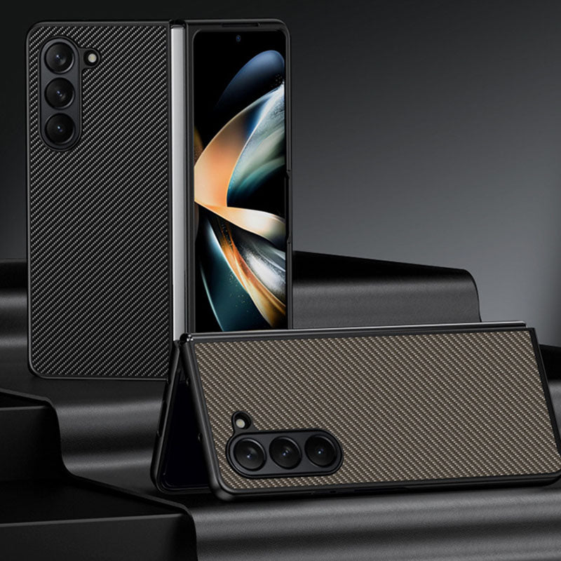 For Samsung Galaxy Z Fold6 5G Case Carbon Fiber Texture PU + PC Phone Cover - Splicing Yellow