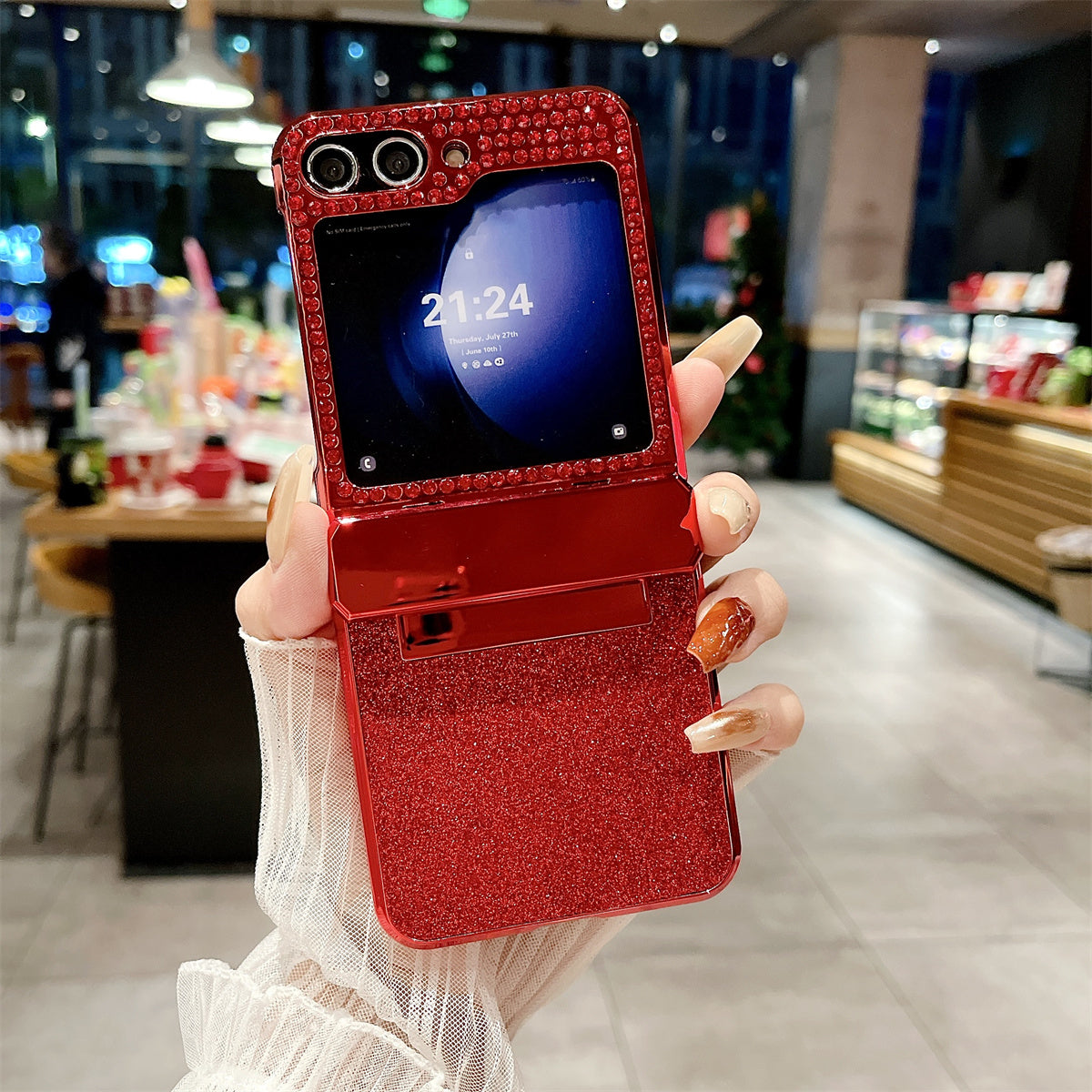 For Samsung Galaxy Z Flip6 5G Case Rhinestones Decor Hard PC Folding Phone Cover - Red