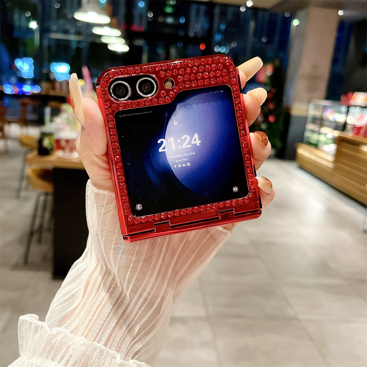 For Samsung Galaxy Z Flip6 5G Case Rhinestones Decor Hard PC Folding Phone Cover - Red