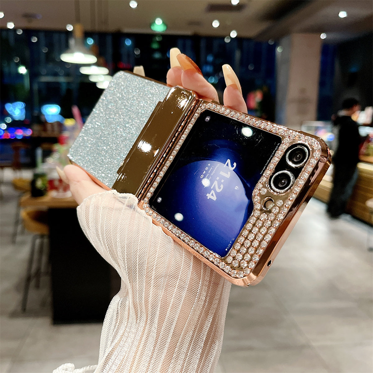 For Samsung Galaxy Z Flip6 5G Case Rhinestones Decor Hard PC Folding Phone Cover - Gold