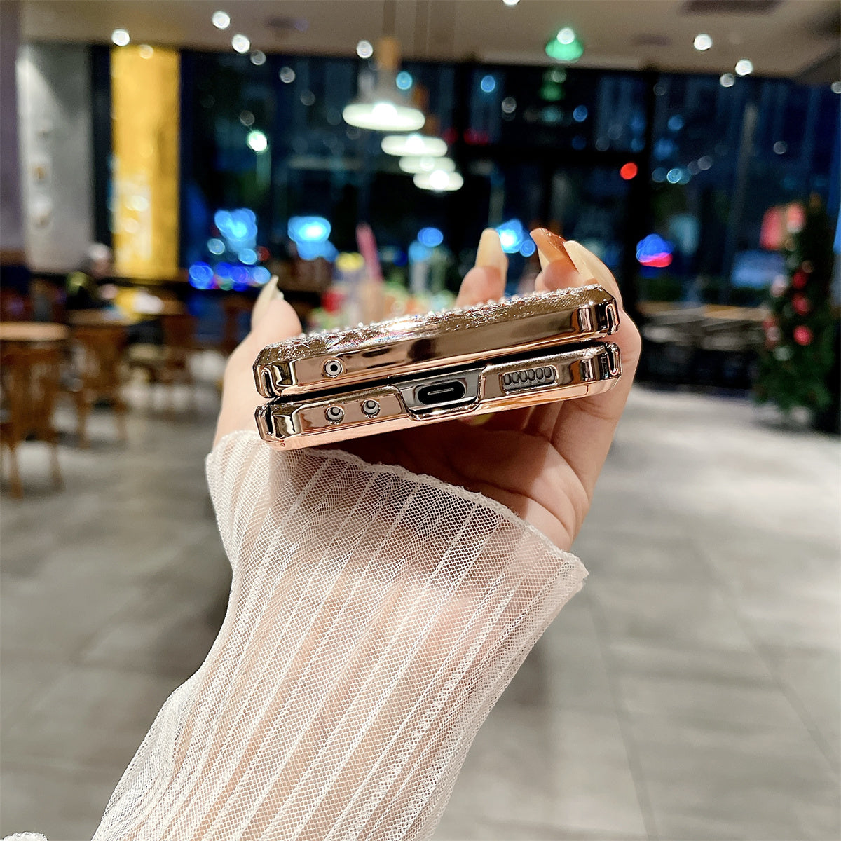 For Samsung Galaxy Z Flip6 5G Case Rhinestones Decor Hard PC Folding Phone Cover - Gold