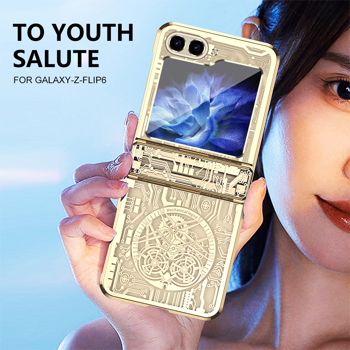 Mechanical Legend Series For Samsung Galaxy Z Flip6 5G Case Electroplating Hard PC Phone Cover - Champagne Gold