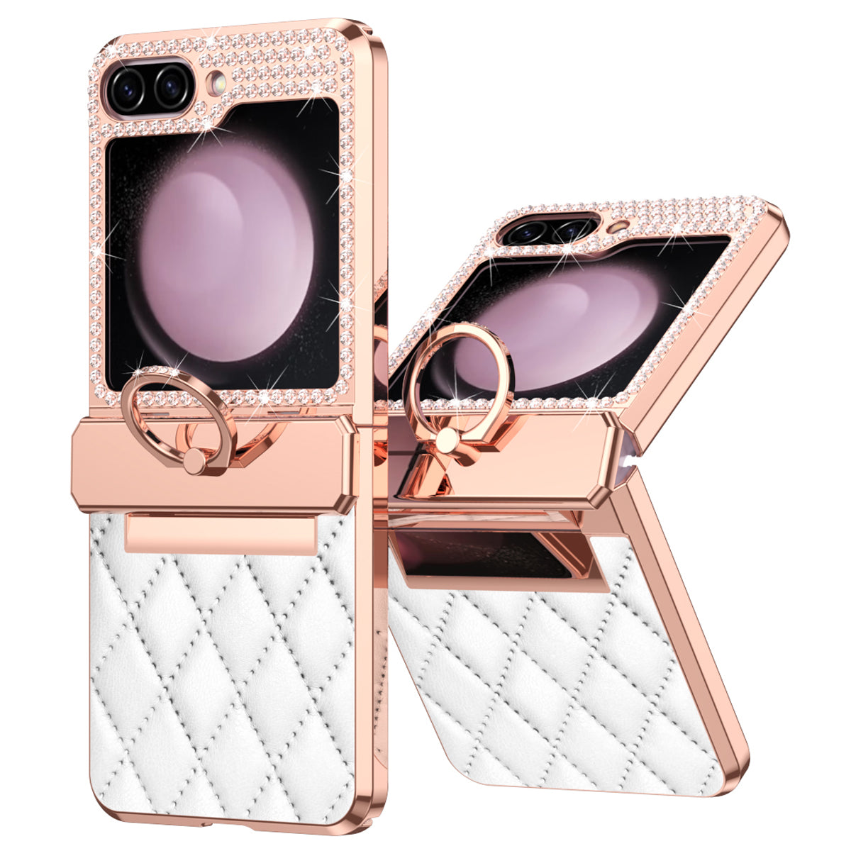 For Samsung Galaxy Z Flip6 5G Case Rhinestone Decor Leather+PC Rhombus Phone Cover - White