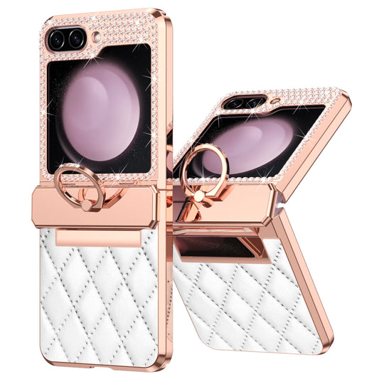 For Samsung Galaxy Z Flip6 5G Case Rhinestone Decor Leather+PC Rhombus Phone Cover - White