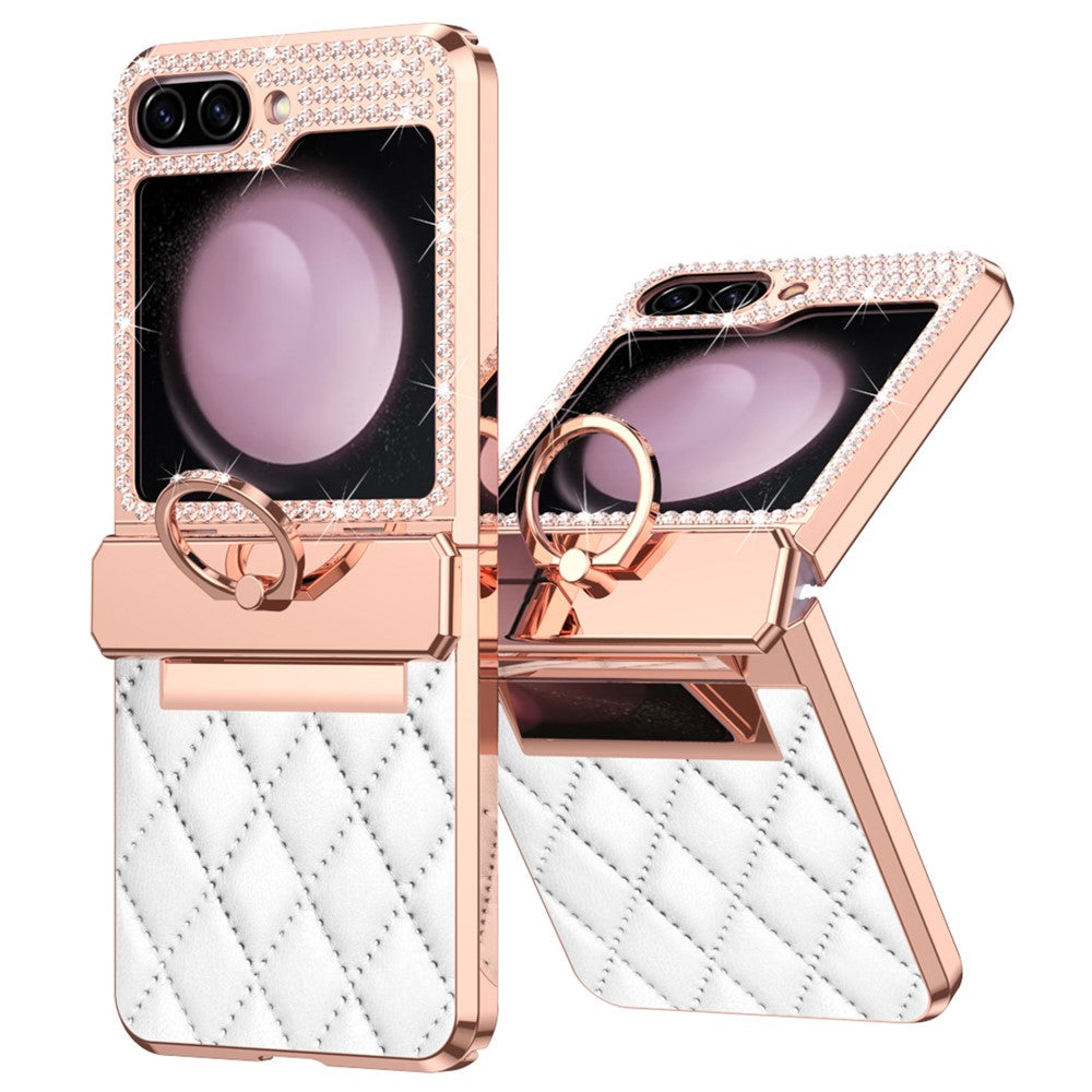For Samsung Galaxy Z Flip7 FE 5G / Z Flip6 5G / Z Flip5 5G Case Rhinestone Decor Leather+PC Rhombus Phone Cover - White