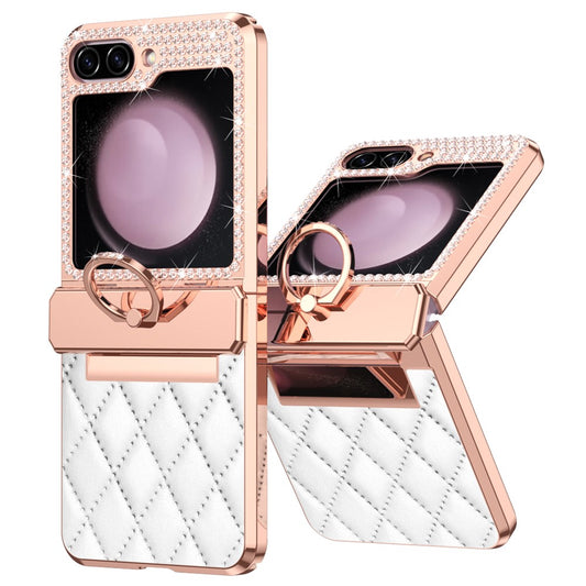 For Samsung Galaxy Z Flip7 FE 5G / Z Flip6 5G / Z Flip5 5G Case Rhinestone Decor Leather+PC Rhombus Phone Cover - White