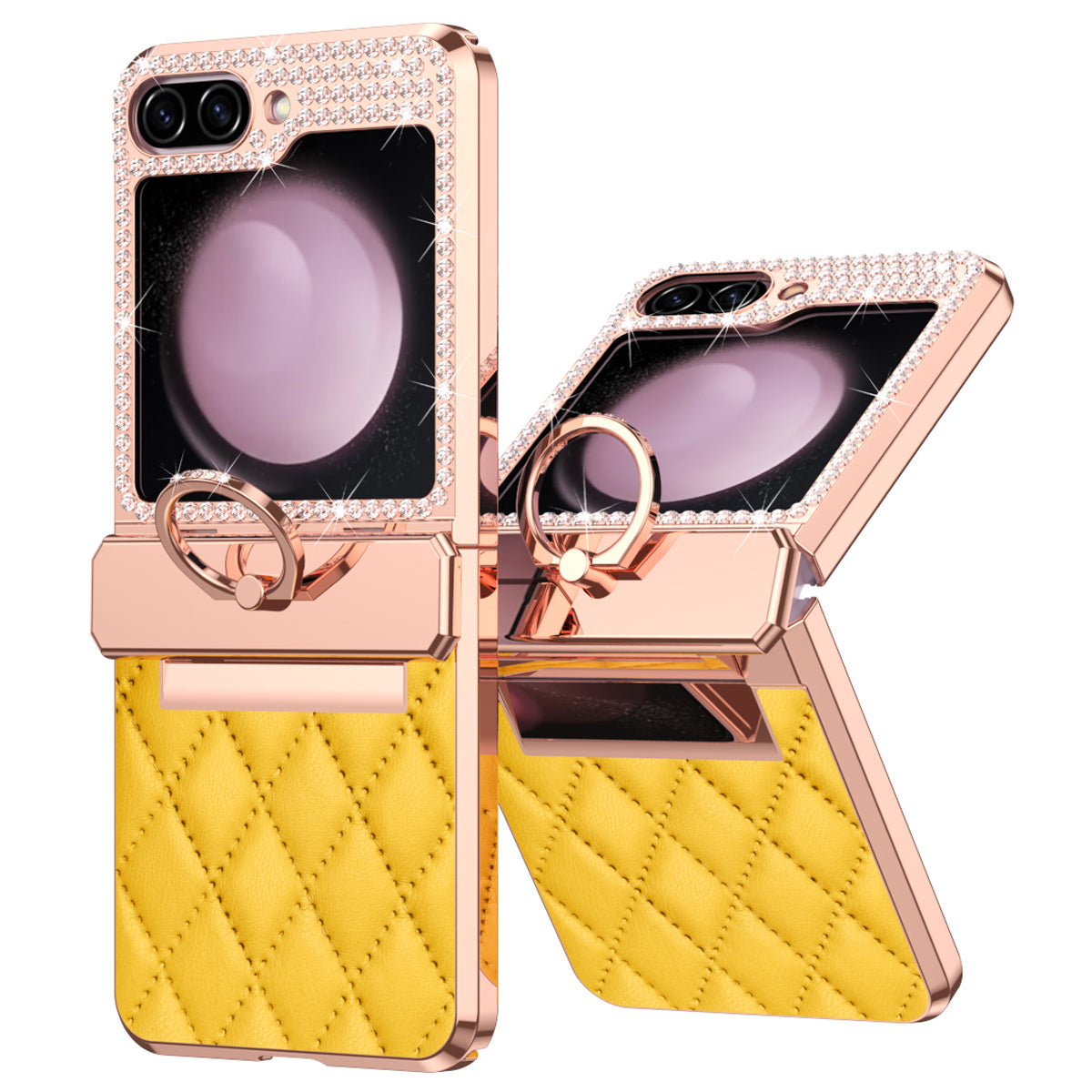 For Samsung Galaxy Z Flip6 5G Case Rhinestone Decor Leather+PC Rhombus Phone Cover - Yellow