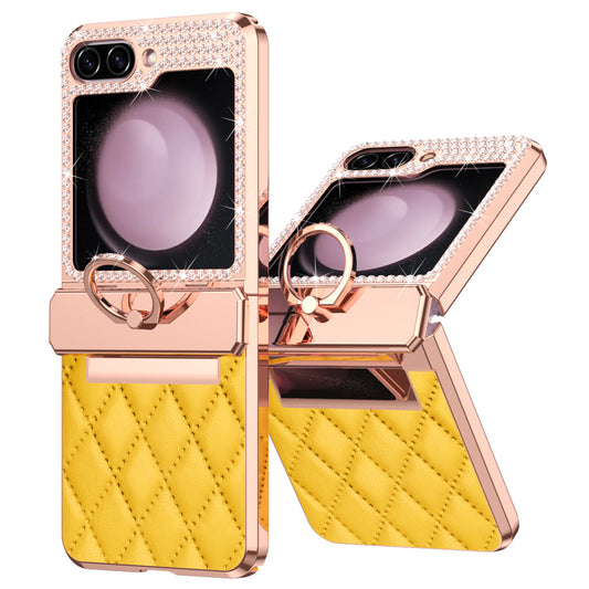 For Samsung Galaxy Z Flip6 5G Case Rhinestone Decor Leather+PC Rhombus Phone Cover - Yellow