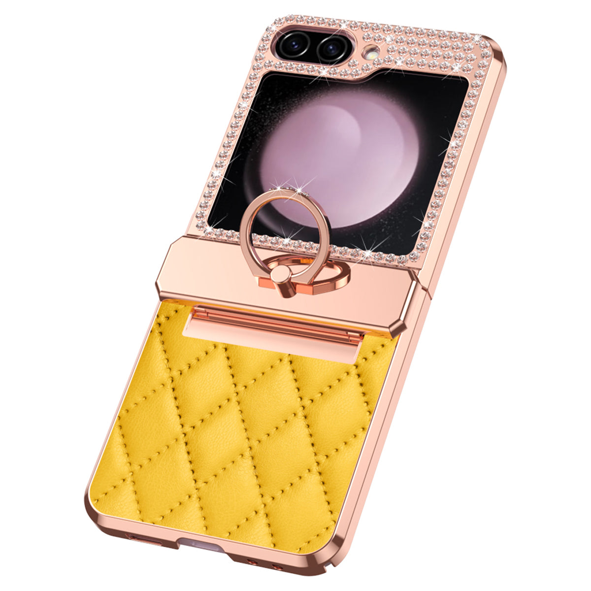 For Samsung Galaxy Z Flip6 5G Case Rhinestone Decor Leather+PC Rhombus Phone Cover - Yellow