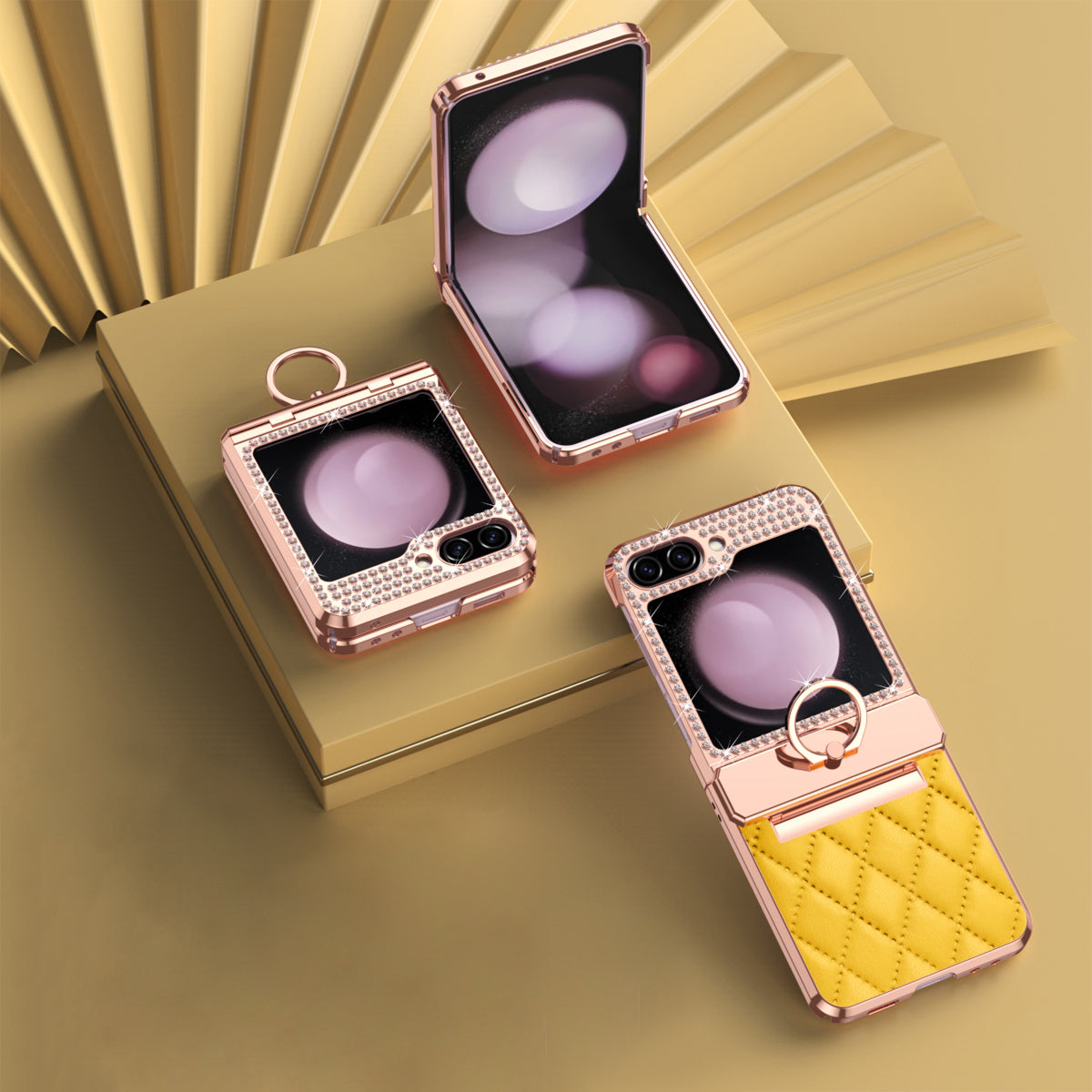 For Samsung Galaxy Z Flip6 5G Case Rhinestone Decor Leather+PC Rhombus Phone Cover - Yellow