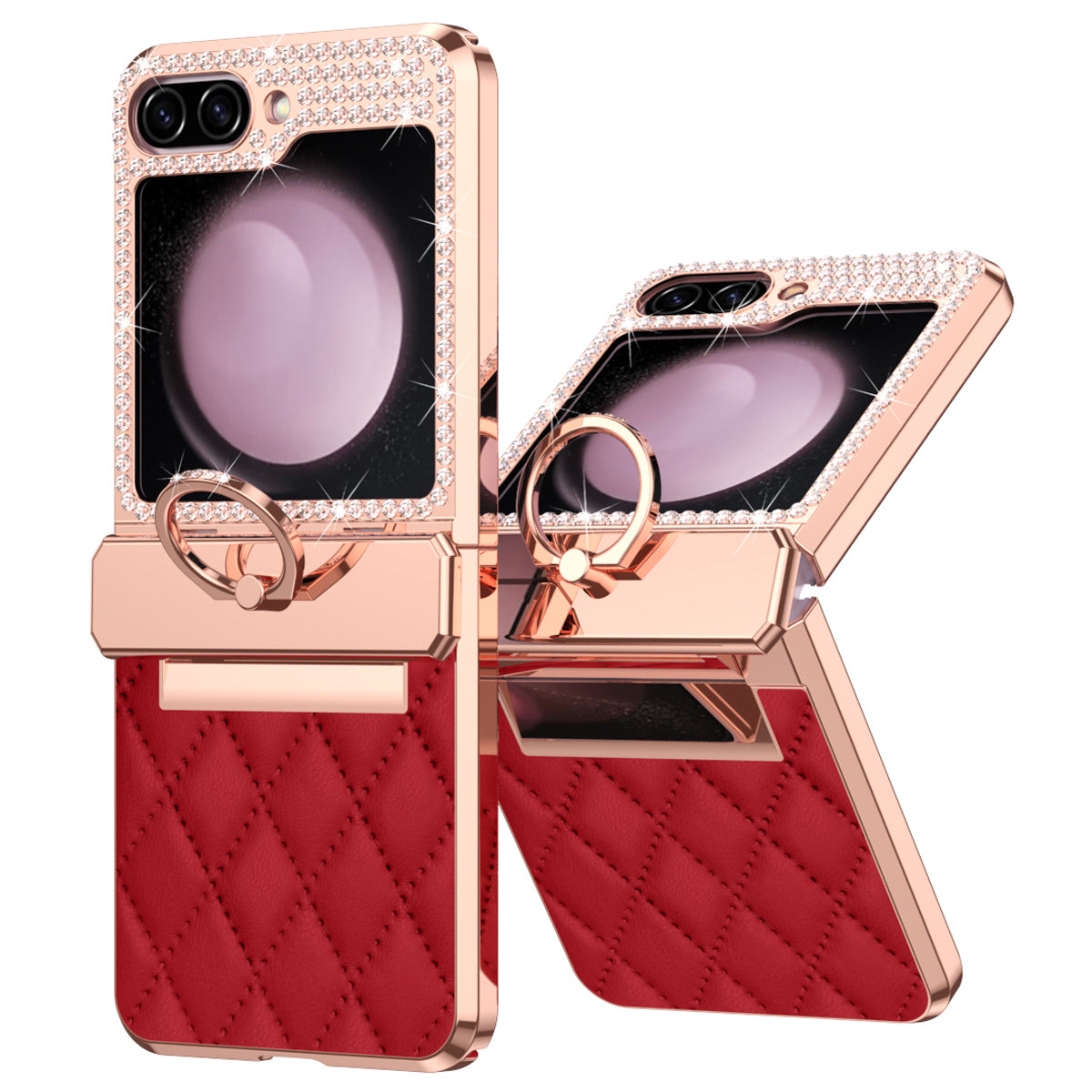 For Samsung Galaxy Z Flip6 5G Case Rhinestone Decor Leather+PC Rhombus Phone Cover - Wine Red