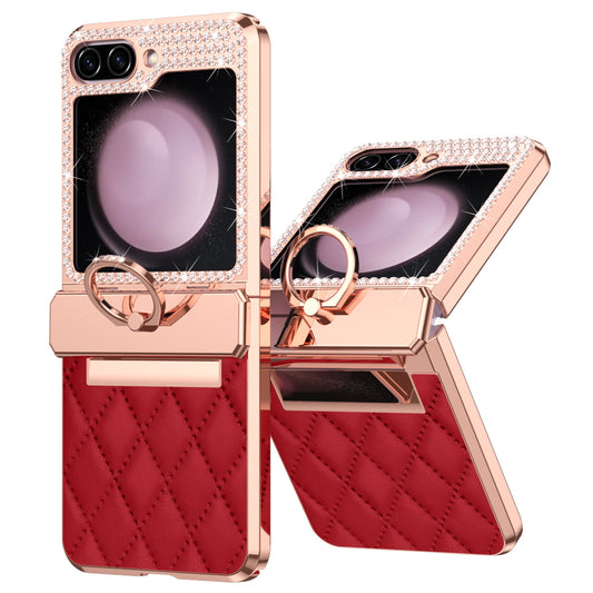 For Samsung Galaxy Z Flip6 5G Case Rhinestone Decor Leather+PC Rhombus Phone Cover - Wine Red