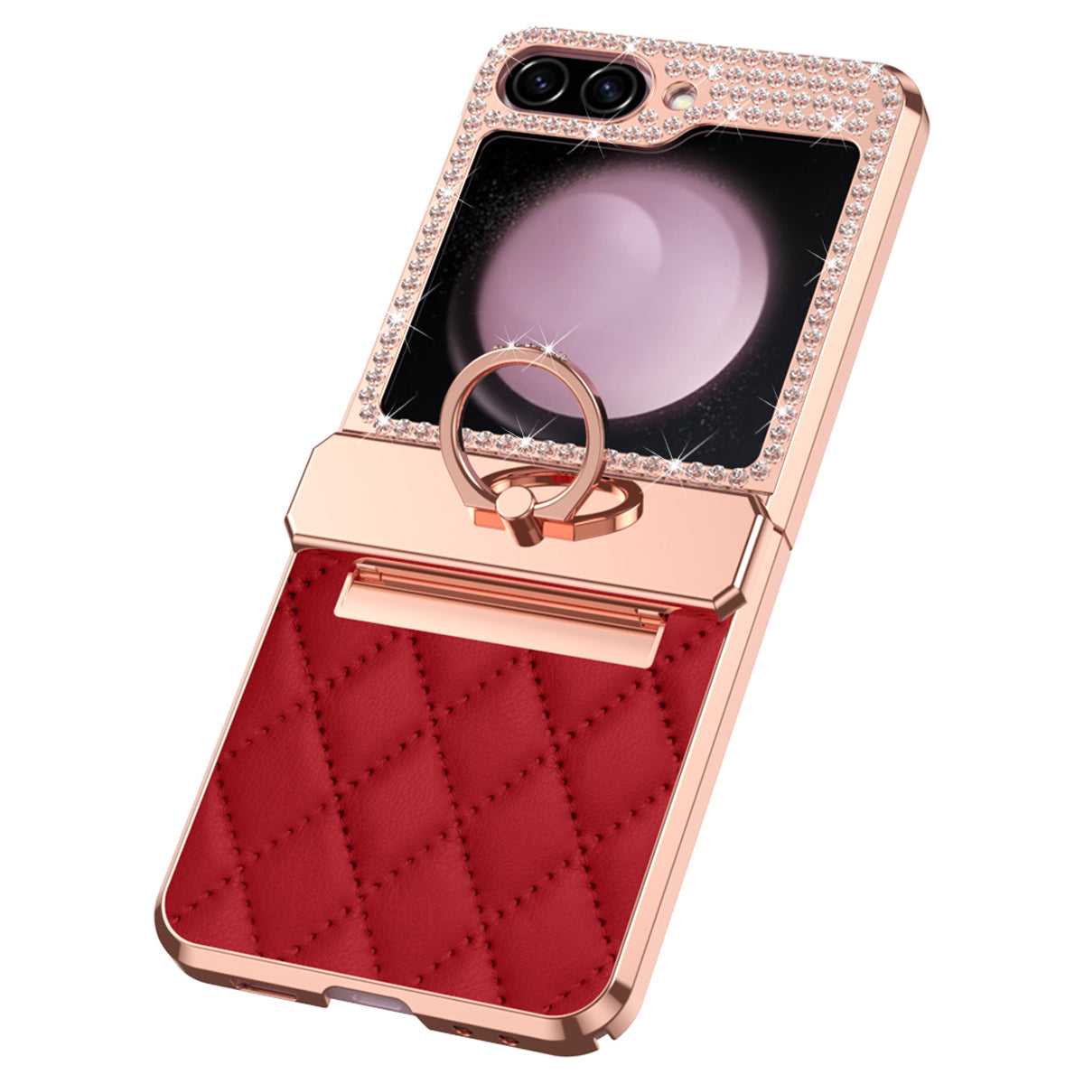 For Samsung Galaxy Z Flip6 5G Case Rhinestone Decor Leather+PC Rhombus Phone Cover - Wine Red