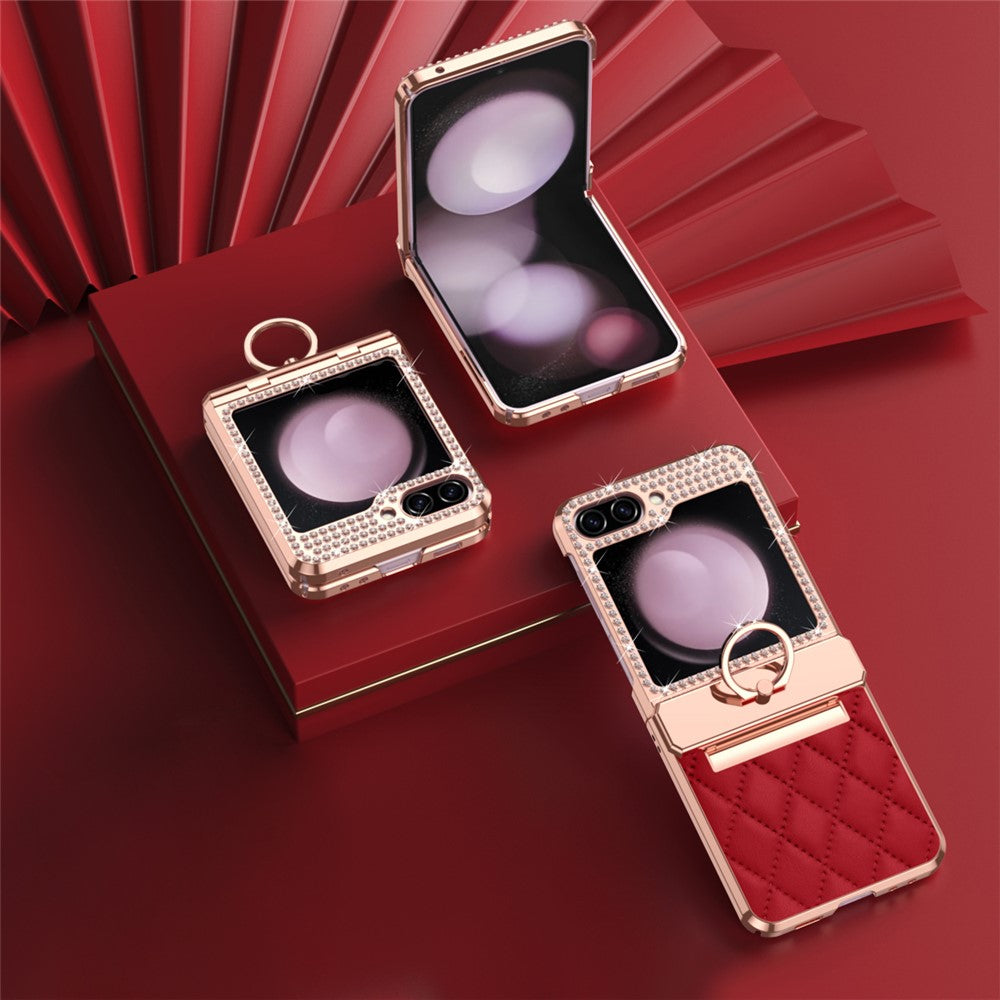 For Samsung Galaxy Z Flip7 FE 5G / Z Flip6 5G / Z Flip5 5G Case Rhinestone Decor Leather+PC Rhombus Phone Cover - Wine Red