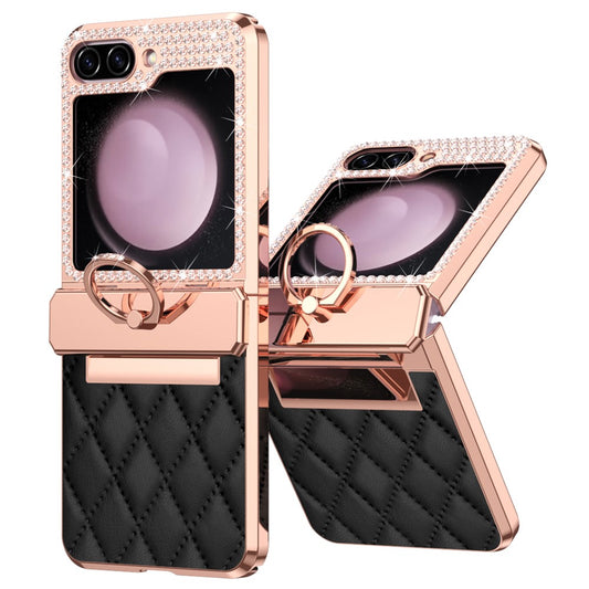 For Samsung Galaxy Z Flip7 FE 5G / Z Flip6 5G / Z Flip5 5G Case Rhinestone Decor Leather+PC Rhombus Phone Cover - Black