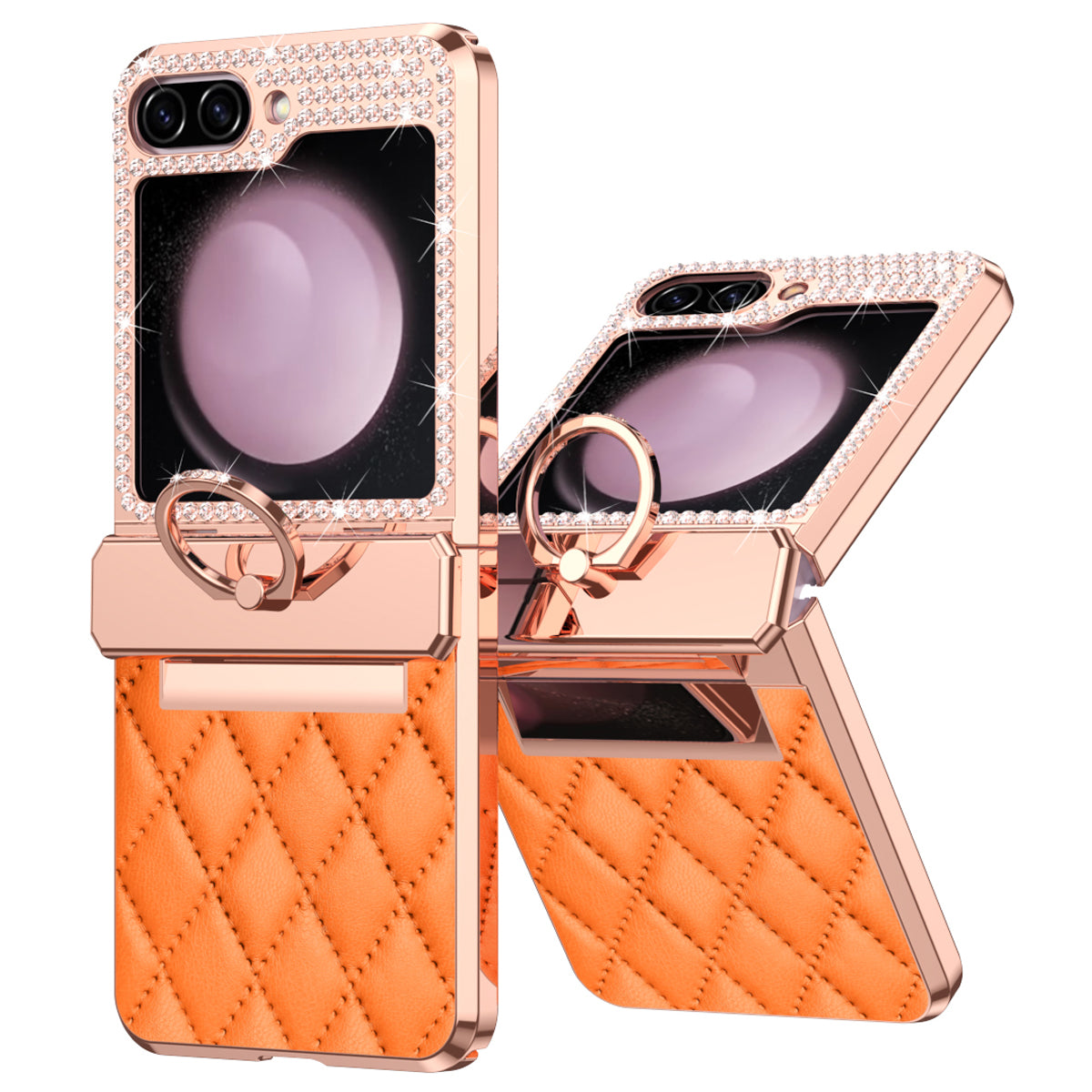 For Samsung Galaxy Z Flip6 5G Case Rhinestone Decor Leather+PC Rhombus Phone Cover - Orange
