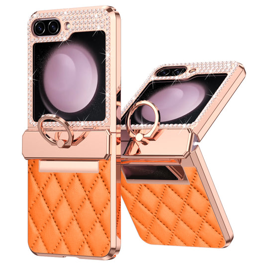For Samsung Galaxy Z Flip6 5G Case Rhinestone Decor Leather+PC Rhombus Phone Cover - Orange