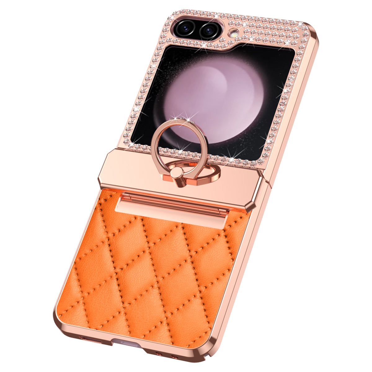 For Samsung Galaxy Z Flip6 5G Case Rhinestone Decor Leather+PC Rhombus Phone Cover - Orange