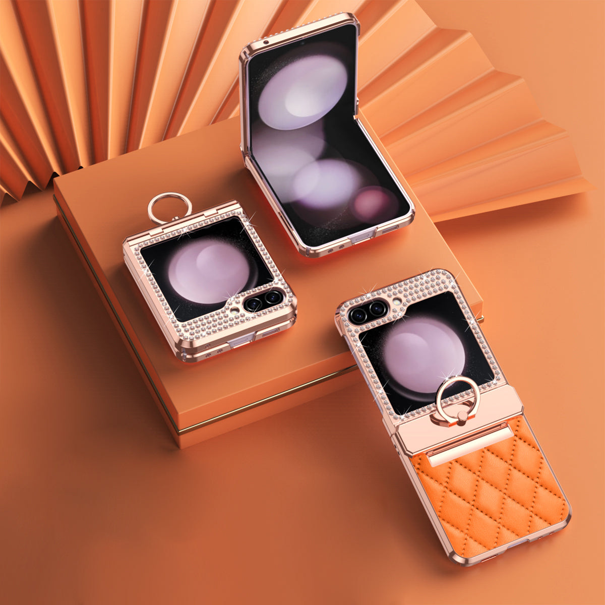 For Samsung Galaxy Z Flip6 5G Case Rhinestone Decor Leather+PC Rhombus Phone Cover - Orange