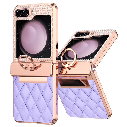For Samsung Galaxy Z Flip7 FE 5G / Z Flip6 5G / Z Flip5 5G Case Rhinestone Decor Leather+PC Rhombus Phone Cover - Purple